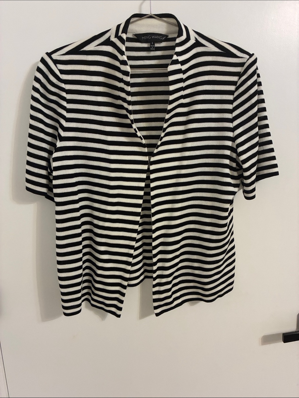 Ming Wang Black and White Striped Open-Front Short Sleeve Cardigan